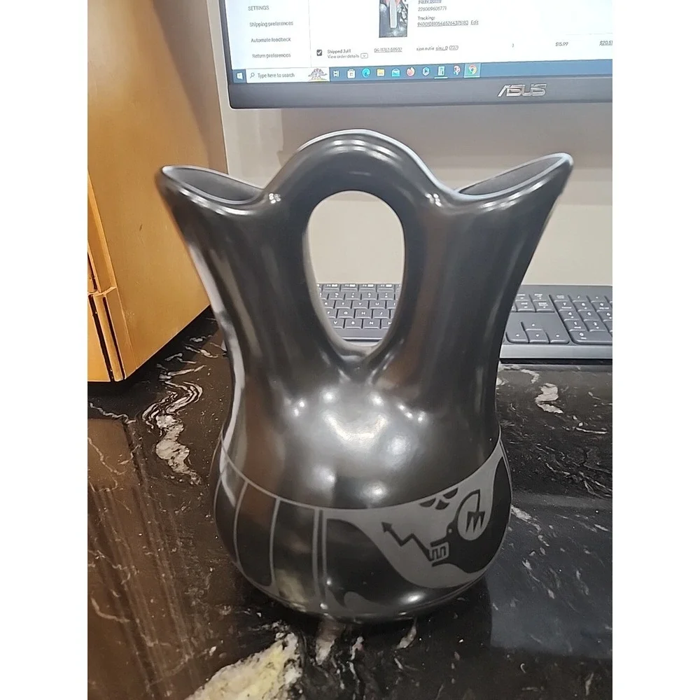 Vintage Signed Adakai Navajo Blackware Wedding Vase - EXCELLENT